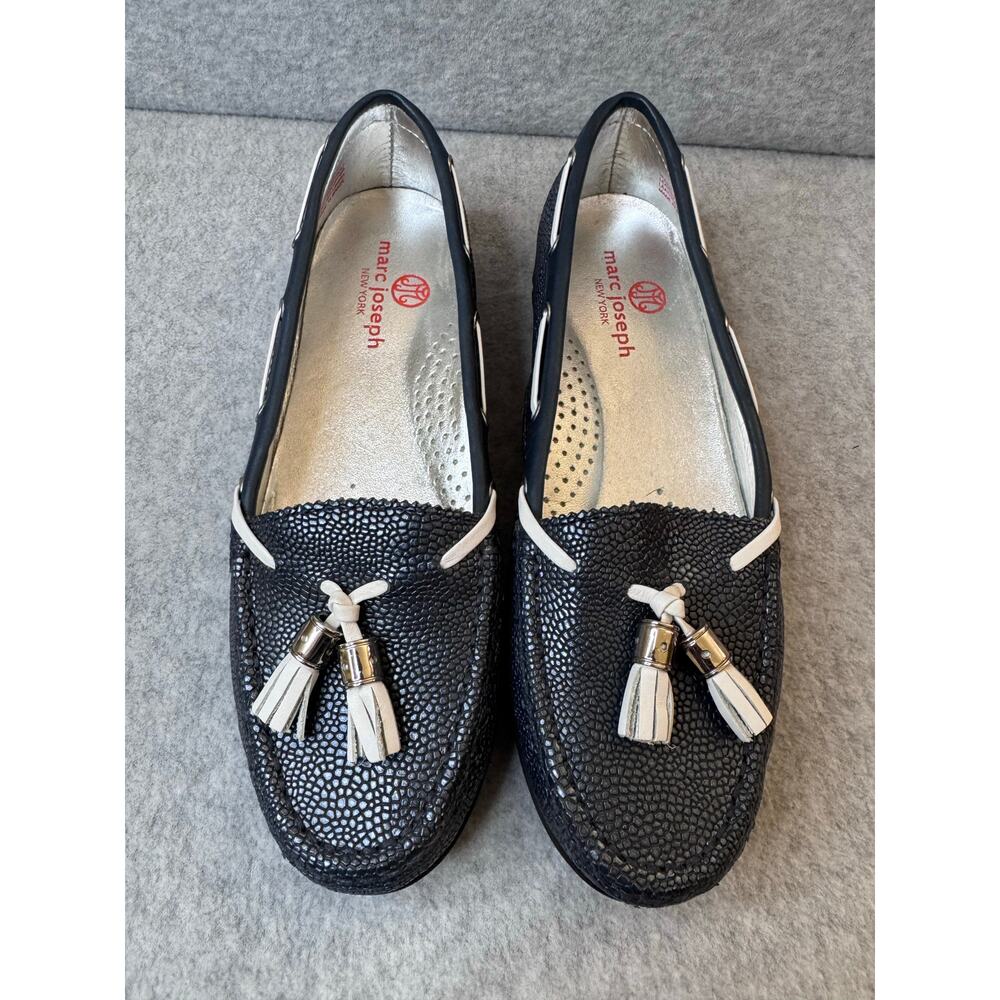 Marc Joseph New York Navy Pebbled Leather Hand Stitched Golf Moccasins  – Size 6